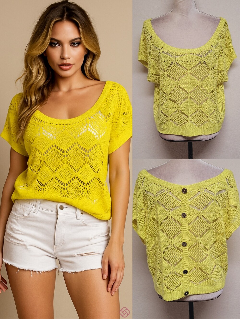 Vintage Y2K Candie's Neon Yellow Silver Metallic Loose Diamond Crochet Blouse L